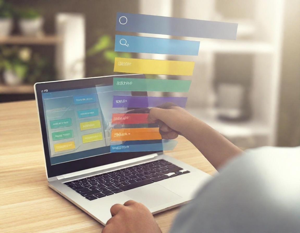 Suivi et reporting Un utilisateur interagit avec un ordinateur portable affichant des options colorées.