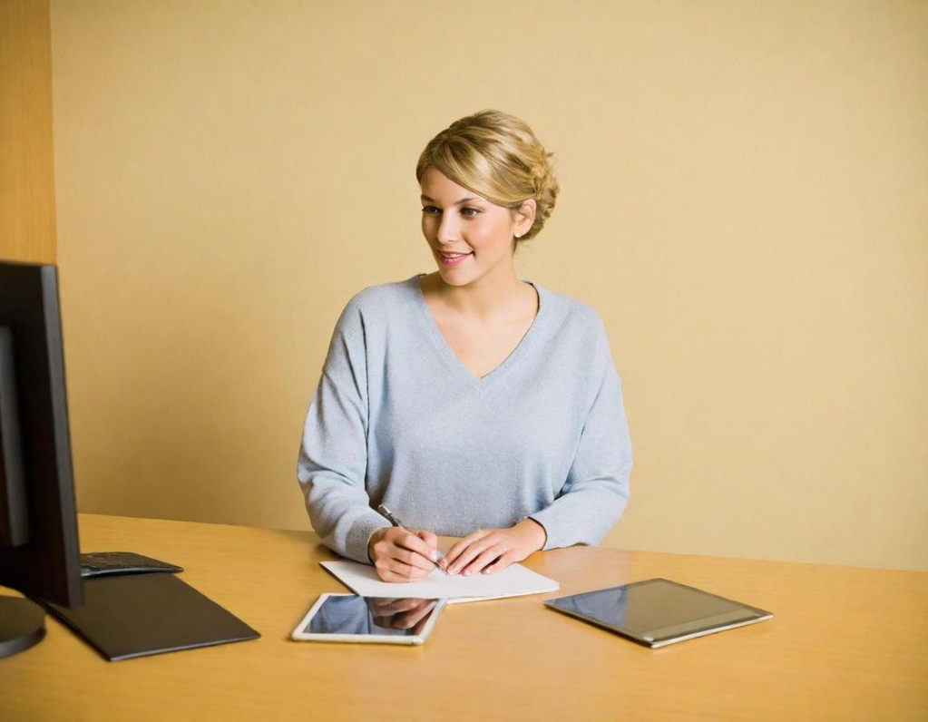 Formations LinkedIn, Facebook, Instagram, TikTok Femme blonde écrivant sur un carnet avec un ordinateur et une tablette devant elle.