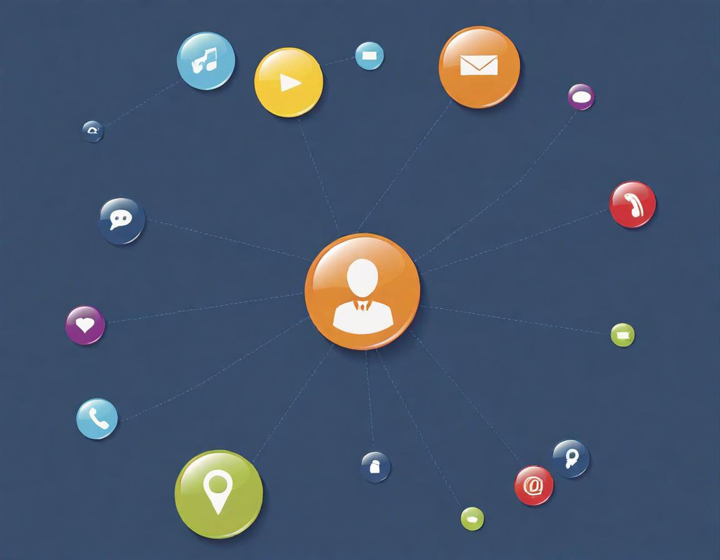 Création de contenu engageant Icônes colorées représentant des services de communication et de localisation autour d'une silhouette.