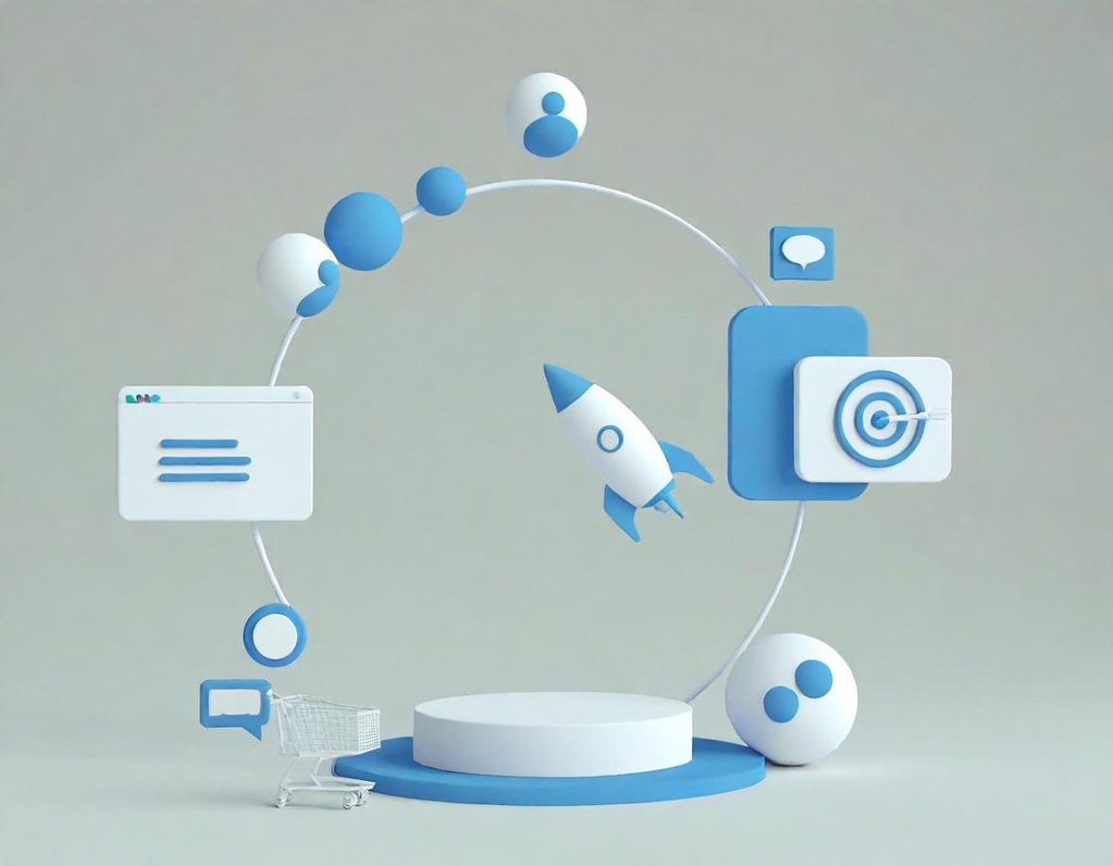 Stratégie sur mesure Éléments graphiques stylisés représentant une fusée, des bulles de dialogue et des cibles.